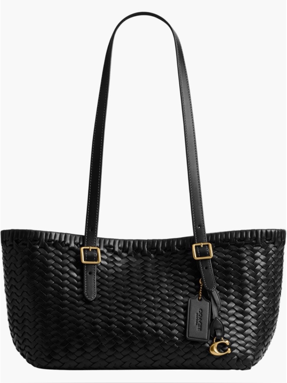 COACH Woven Leather Swing Tote Bag, BLACK/ GOLD - Picture 9 of 11
